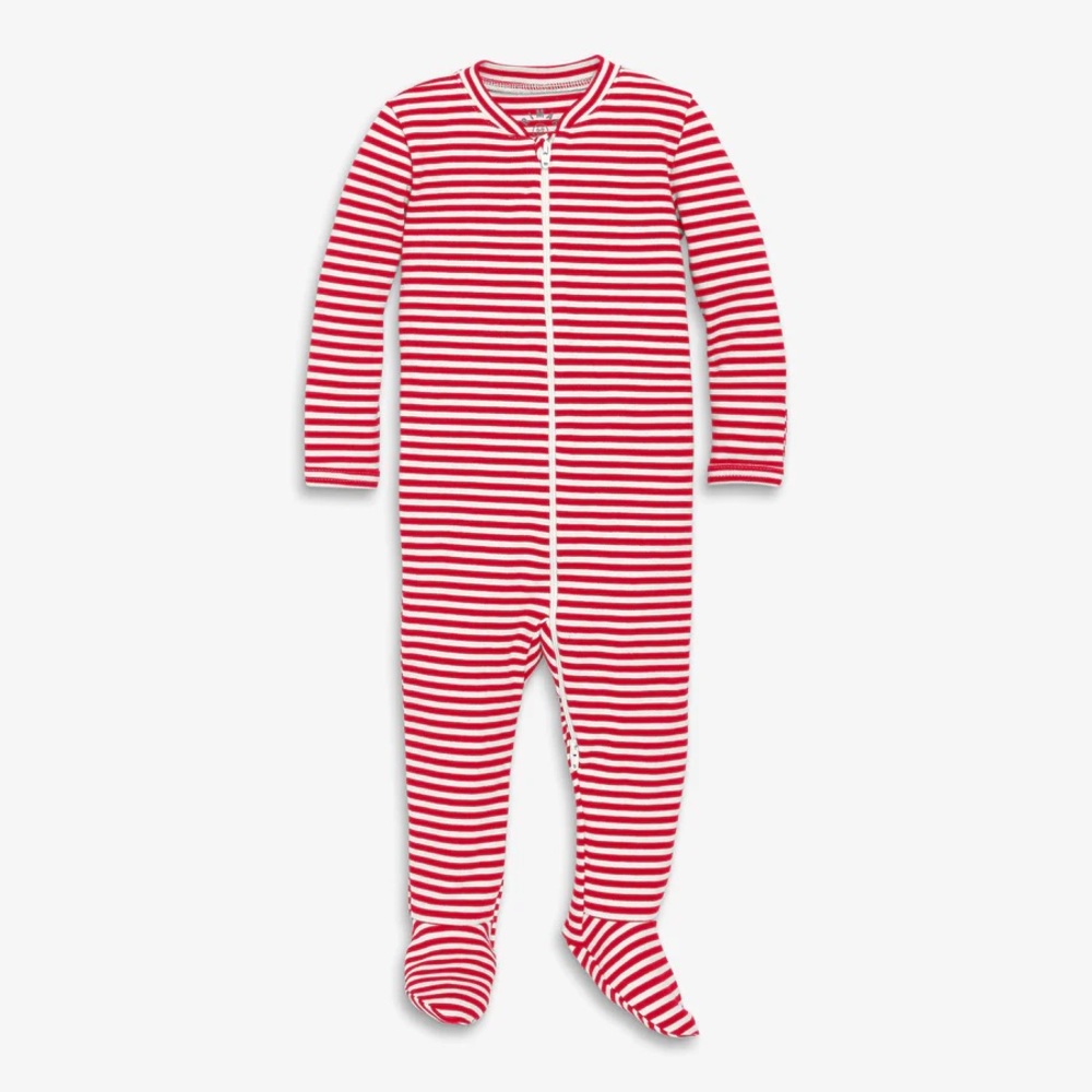 Primary zip footie- in color Cherry / ivory mini stripe
